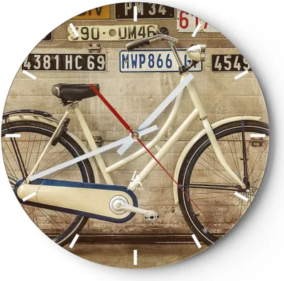 Produktbild von Wanduhr - Rund - Glasuhr - Fahrrad Mauer Straße - 40x40cm - Schleichendes Uhrwerk - Lautlos - zum Aufhängen bereit - Dekoration Modern - Wanddekoration aus Glas - C3AR40x40-3764
