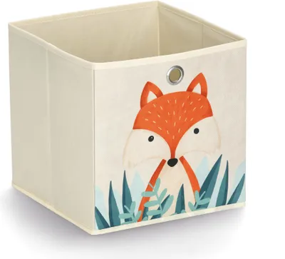 A freestanding storage bin with a fox illustration.