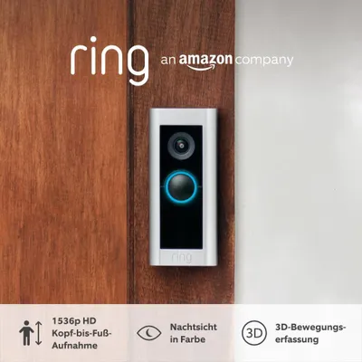 Produktbild von Ring Videotürklingel Pro Kabel (bisher: Video Doorbell 2) von Amazon | Klingel mit Kamera, 1536p-HD-Video, Kopf-bis-Fuß-Aufnahme,