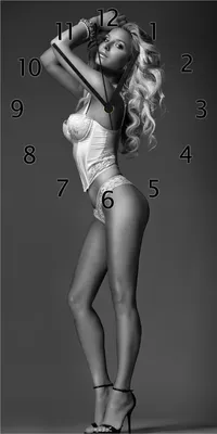 Produktbild von Wallario Design Wanduhr bedruckt, Größe 30 x 60 cm, Motiv: Sexy Beine - Blondine mit langen Beinen in Unterwäsche