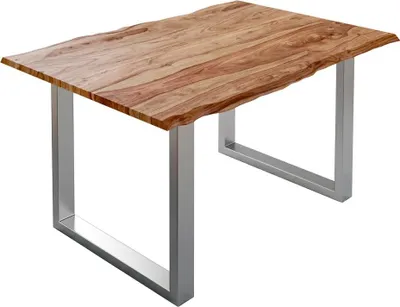 Produktbild von Baumkantentisch 120x80cm Mailand, Sheesham-Holz naturbelassen, Esstisch mit echter Baumkante, massiver Esszimmertisch mit U-Gestell Silber, Tischplatte 26mm