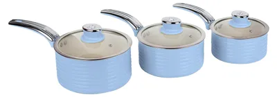 Produktbild von Kochgeschirrset im Retro-Design mit Glasdeckeln, Keramikbeschichtung und Antihaftbeschichtung, leicht zu reinigen, blau, 3-teilig, 16/18/20 cm