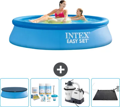 Produktbild von Intex runder aufblasbarer Easy Set-Pool – 244 x 61 cm – Blau – im Lieferumfang enthalten Abdeckung - Wartungspaket - Filterpumpe für Schwimmbad - Solarmatte