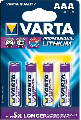 Produktbild von Varta 4x AAA Lithium, Lithium, Zylindrische, 1,5V, 4,45 cm, 1,05 cm, 7,7g (0.272 oz)