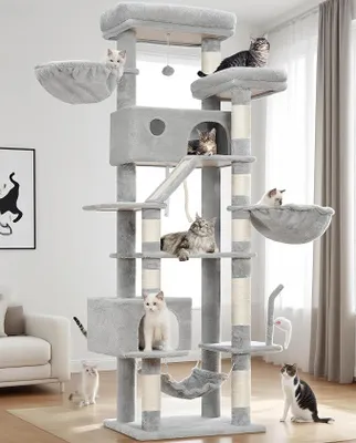 Produktbild von Kratzbaum groß, katzenbaum große Katzen stabil für Innenbereich, 200 cm katzenkratzbaum mit geräumiger Plattformen, Katzenhöhlen, Hängematte, Sisalsäulen, Hellgrau GCT031W