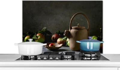 Produktbild von KitchenYeah®  Spritzschutz Küche - Küchenrückwand - Wandschutz für Herd und Spüle - Teekanne - Tee - Stilleben 80x55 - Alu-Dibond (Alternative zum Spritzschutz aus Glas) - Hitzebeständig - Herdspritzs