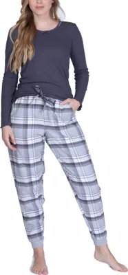 Produktbild von maluuna Damen Schlafanzug mit Flanellhose und Bündchen ; grau , S