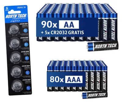 A collage of battery packaging and bulk batteries.