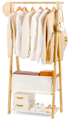 Image de Porte-vêtements en bambou avec sac de rangement et étagère pour vêtements