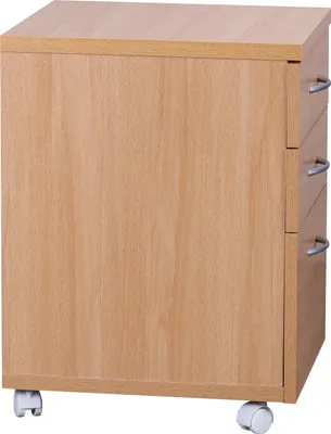 A light brown wooden roll container with silver handles and white wheels is shown against a white background.