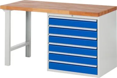 Produktbild von Werkbank mit 6 XL Schubladen - Teilauszug - 120:6 - 840 x 1.500 x 700 mm (HxBxT) - Traglast 1.000 kg - Buche