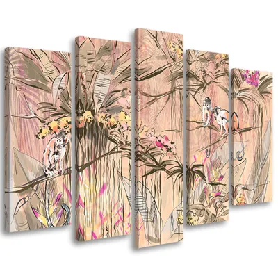 Produktbild von 5-teiliges leinwandbild dschungel-affen 100x70 cm Feeby rosa wandbild bereit zum aufhängen