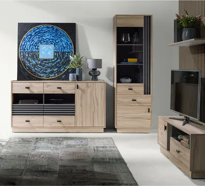 Produktbild von Wohnzimmermöbel-Set mit Vitrine, Sideboard & Lowboard in Eiche Nb., modern 4-teilig ANTIGUA-133