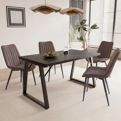 Produktbild von HOMAVO Esszimmer-Set – 1 Tisch 140×80 cm + 4 Stühle, Metall & MDF, Stabil und Robust, Stühle mit Samt- oder Kunstlederbezug, Elegant & Langlebig