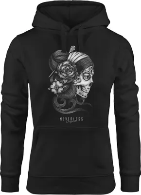 Produktbild von Hoodie Damen Santa Print Muerte La catrina Mexican Skull Dia de los Muertos Tattoo Design Kapuzen-Pullover Neverless® schwarz M