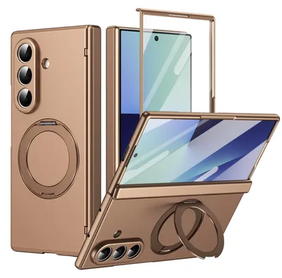 Produktbild von Magnetische Hülle für Samsung Galaxy Z Fold 7, mit Displayschutzfolie, Scharnierschutz mit Ringhalter und Ständer Gold