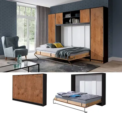 Produktbild von Schrankbett horizontal HB 140x200 mit Aufsatz und 2 Schränken eiche lancelot/schwarz