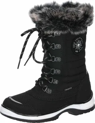 A single black winter boot with faux fur trim.