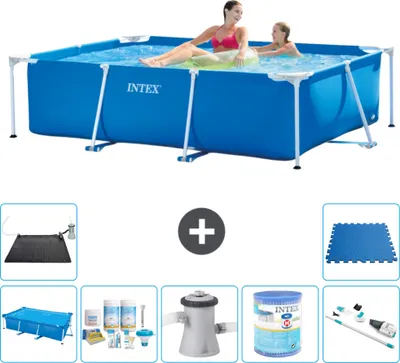 Immagine prodotto di Piscina Intex con struttura rettangolare - 220 x 150 x 60 cm - blu - include tenda da sole - pacchetto manutenzione - pompa filtro per piscina - filtro - aspirapolvere - tappeto solare