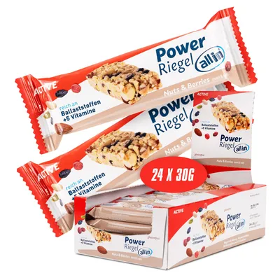 Produktbild von all in® ACTIVE Power Riegel Nuts & Berries 24x | 30gMüsli Protein Riegel | Protein Snack| Fitness Food | vegan | frei von Gluten & Palmöl
