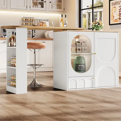 Produktbild von Bartisch mit Stauraum 360° Drehbarer Stehtisch Kücheninsel Hochtisch Küchentisch 138 x 39 x 102 cm Weiß
