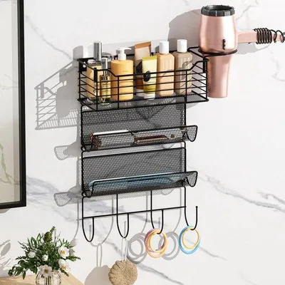 Image de Support mural noir en métal pour sèche-cheveux Ibenzoa® – Support mural à 4 niveaux, montage sans vis, résistant à la chaleur, avec espace de rangement supplémentaire pour boucleur et accessoires de salle de bain