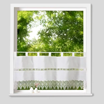 Produktbild von heimtexland ® Scheibengardine Natur Stickerei Spitze Gardine Landhaus Borte HxB 45x120 Bistrogardine Leinen Optik  Typ791