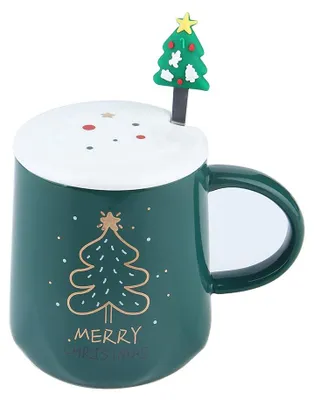 Weihnachtsbaum-Tasse aus Keramik, 400 ml, mit Deckel & Löffel