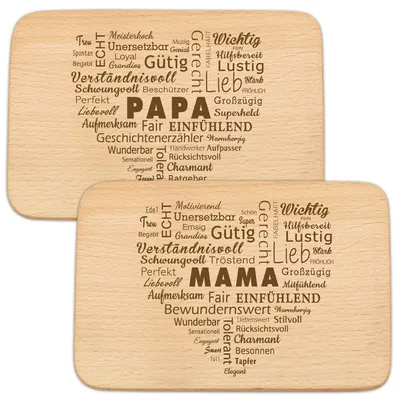 Produktbild von Geschenkset für Eltern | Set aus zwei Frühstückstischen mit gravierten Herzen "Mom" & "Dad" | Idee für Eltern | Perfekt für Mama und Papa für jede Gelegenheit