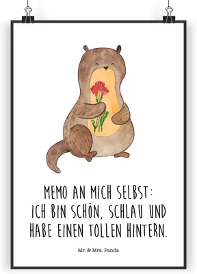 Produktbild von Mr. & Mrs. Panda Bild Otter Blumenstrauß DIN A3 - Weiß - Geschenk, Positiv, Kunstdruck, drucke, Achtsamkeit, wandkunst, Seeotter, Selbstliebe, wanddeko, Süß, Wandbild