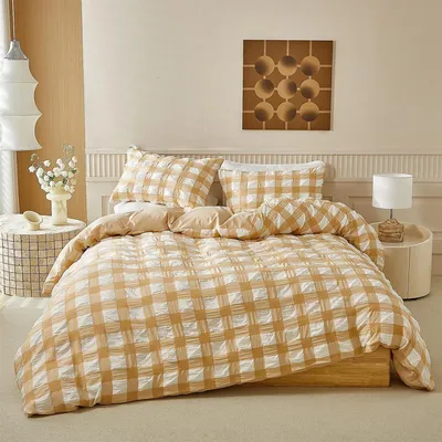 Produktbild von Seersucker Bettwäsche 200x220 cm Beige Weiß Kariert 3-teilig Mikrofaser Set
