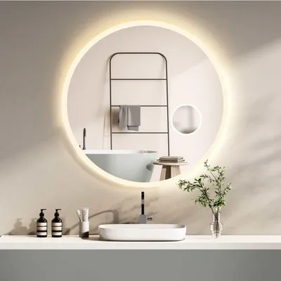 Produktbild von HOKO Runder LED Badspiegel 80cm Hamburg. Designspiegel mit KOSMETIKSPIEGEL 3-Fach, Bad Spiegel LED beleuchtet mit Touch Schalter, LED Licht Wechsel.
