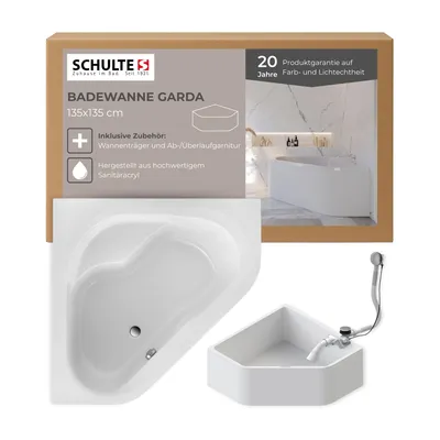 Produktbild von Schulte Eckbadewanne Komplettset Garda, 135x135 cm, inkl. Wannenträger und Ab- und Überlauf, Badewanne aus Sanitäracryl weiß glänzend, Höhe 58 cm