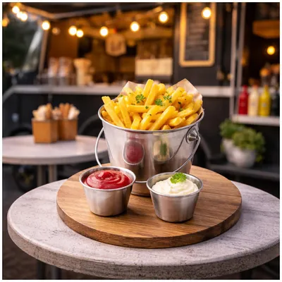 Produktbild von Edelstahl Pommes Servierset Eimer mit 2 Dipschalen Snack Set modern