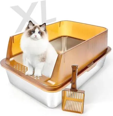 Produktbild von Famanu XL Katzenklo aus Edelstahl mit abnehmbarem Rand und Schaufel - Ideal für große und mittelgroße Katzen