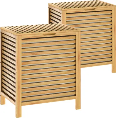 Image de 2x Panier à linge en bambou naturel avec couvercle Corbeille en bois avec sac 62 L Rangement vêtements