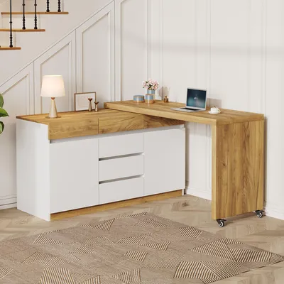 Produktbild von MODFU Schreibtisch weiß mit 6 Schubladen Eckschreibtisch mit 120×45 cm Arbeitsfläche und Schrankfächern,Computertisch mit höhenverstellbare Böden