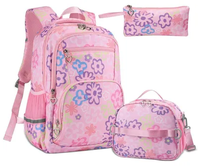Productafbeelding van Schooltas voor meisjes, 3-delige set, bloemenprint, roze, met lunchtas en etui