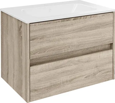 Immagine prodotto di FACKELMANN COMPACT LINE lavabo con mobiletto 71 cm, marrone, Vetroceramica bianca, 2 cassetti, design moderno per ogni bagno