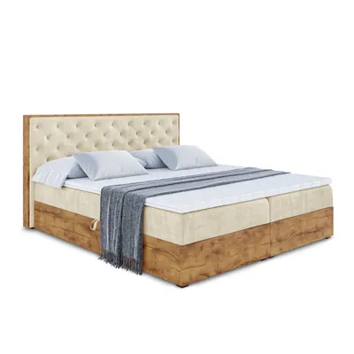 Produktbild von ALTDECOR Boxspringbett mit Eiche Holz LOLLI3 mit H4-Matratze, Kopfteil und Bettkasten - 160x200 - Beige Samt