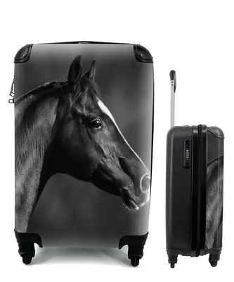 Produktbild von MuchoWow® Koffer Handgepäck Trolley Rollkoffer Kleine Reisekoffer mit 4 Rollen - Pferd - Tiere - Schwarz - Weiß - Porträt - Cabin Size < 55x40x23 cm & 55x40x20 cm - Kinderkoffer - Kabinenkoffer - Boardgepäck - Reise-Box - Reisekoffer - Reisegepäck - Koffer mit Bild - Trolley für Kinder