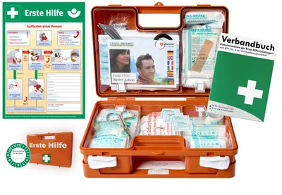 Produktbild von Erste-Hilfe-Koffer BG PLUS 1 mit "Aushang 1-Hilfe" & Verbandbuch für Betriebe DIN 13157 EN 13157 + DIN 13164 für KFZ - inkl. Hautreinigung