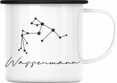 Produktbild von Trendation - Wassermann Sternzeichen Emaille Tasse Geschenk Horoskop Tierkreiszeichen (Schwarz)