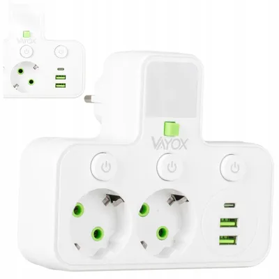 Produktbild von Vayox Steckdosenadapter 2-Fach Schuko mit Nachtlicht | Mehrfachstecker mit 1x USB-C 2x USB-A 2.1A Weiß | Schaltbar Steckdosenverteiler 2500W
