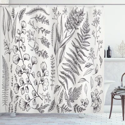 Image de ABAKUHAUS Rideau de douche botanique vintage, esquisse monochrome de feuilles de fougère, imprimé botanique exotique, 175 x 200 cm, gris anthracite et blanc