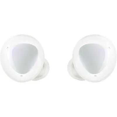 A pair of white wireless earbuds is shown against a white background.