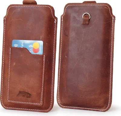Produktbild von LURESKO NEW ASTER XXXL Universal-Lederhülle mit Öse für Trageband und Schieber für Handys von 6,5 bis 6,9 Zoll (Vintage-Braun, weißer Faden)