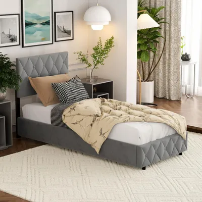 Produktbild von okwish Boxspringbett Polsterbett 90x200 mit Kopfteil Knopfnahtverzierung,Stauraumbett mit Bettkasten,Jugendbett mit Lattenrost(Ohne Matratze)-Hellgrau