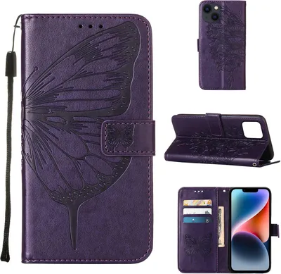 Produktbild von iPhone 15 Hülle, Schmetterling Prägung Flip Leder Kartenfächer Schutzhülle Ledertasche mit Ständer für iPhone 15 Lila
