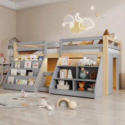 Image de Lit mezzanine Merax Lit mi-hauteur 90 x 200 cm, avec éclairage LED, bibliothèque, étagères, barrières, pin, lit enfant, lit mezzanine, lit adolescent, gris